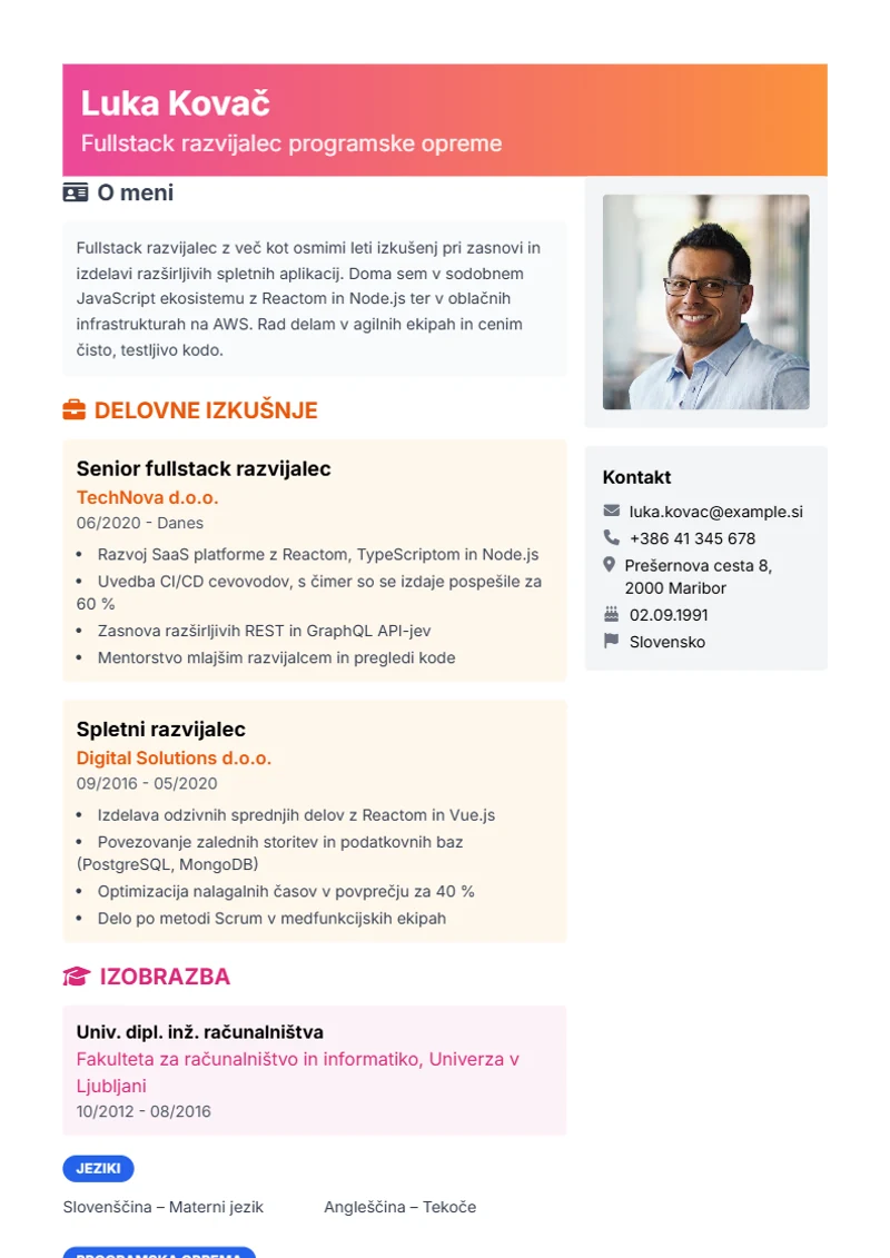 Predloga življenjepisa Creative – vzorec