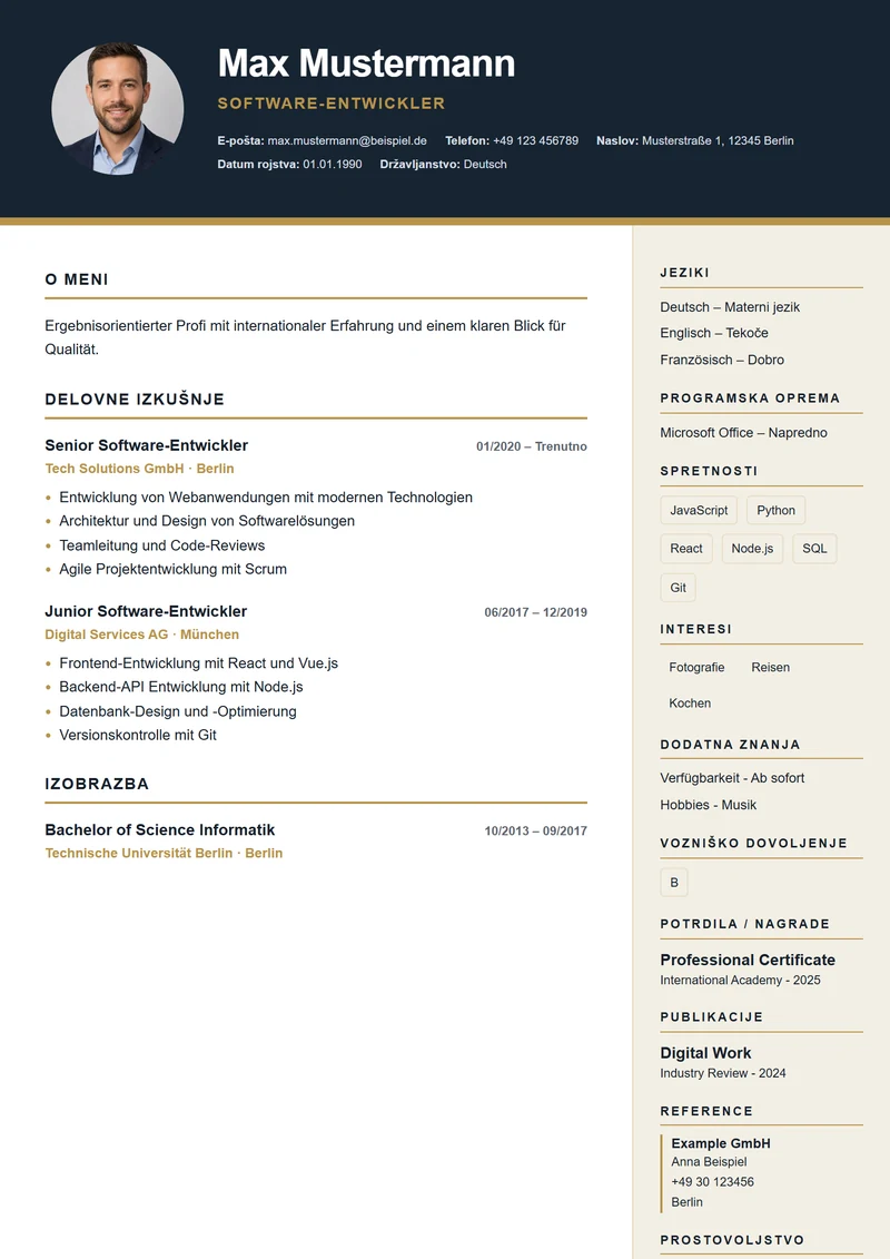 Predloga življenjepisa Executive Dark – vzorec