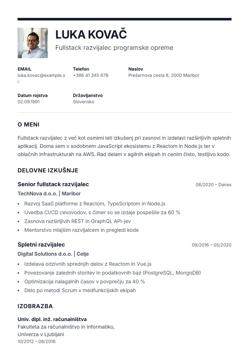 Predloga življenjepisa Executive – vzorec