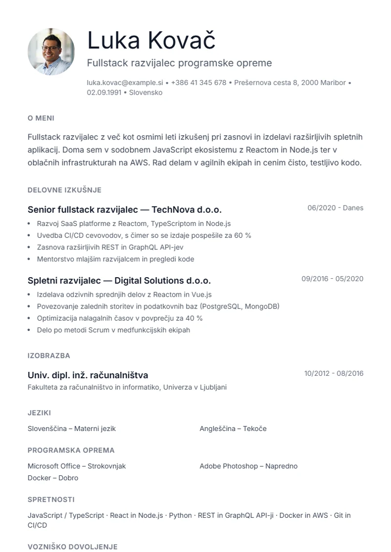 Predloga življenjepisa Minimal – vzorec