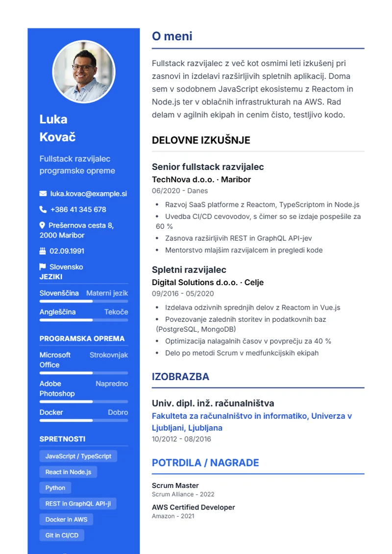 Predloga življenjepisa Modern – vzorec
