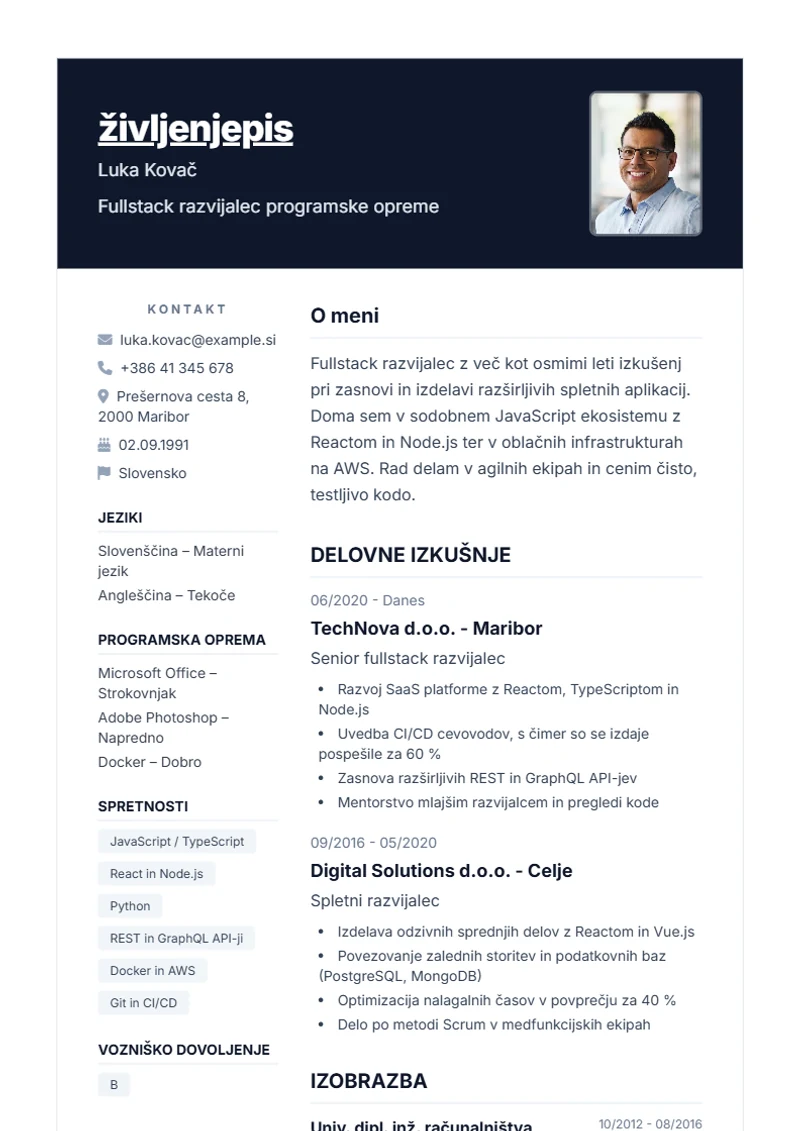 Predloga življenjepisa Nova – vzorec