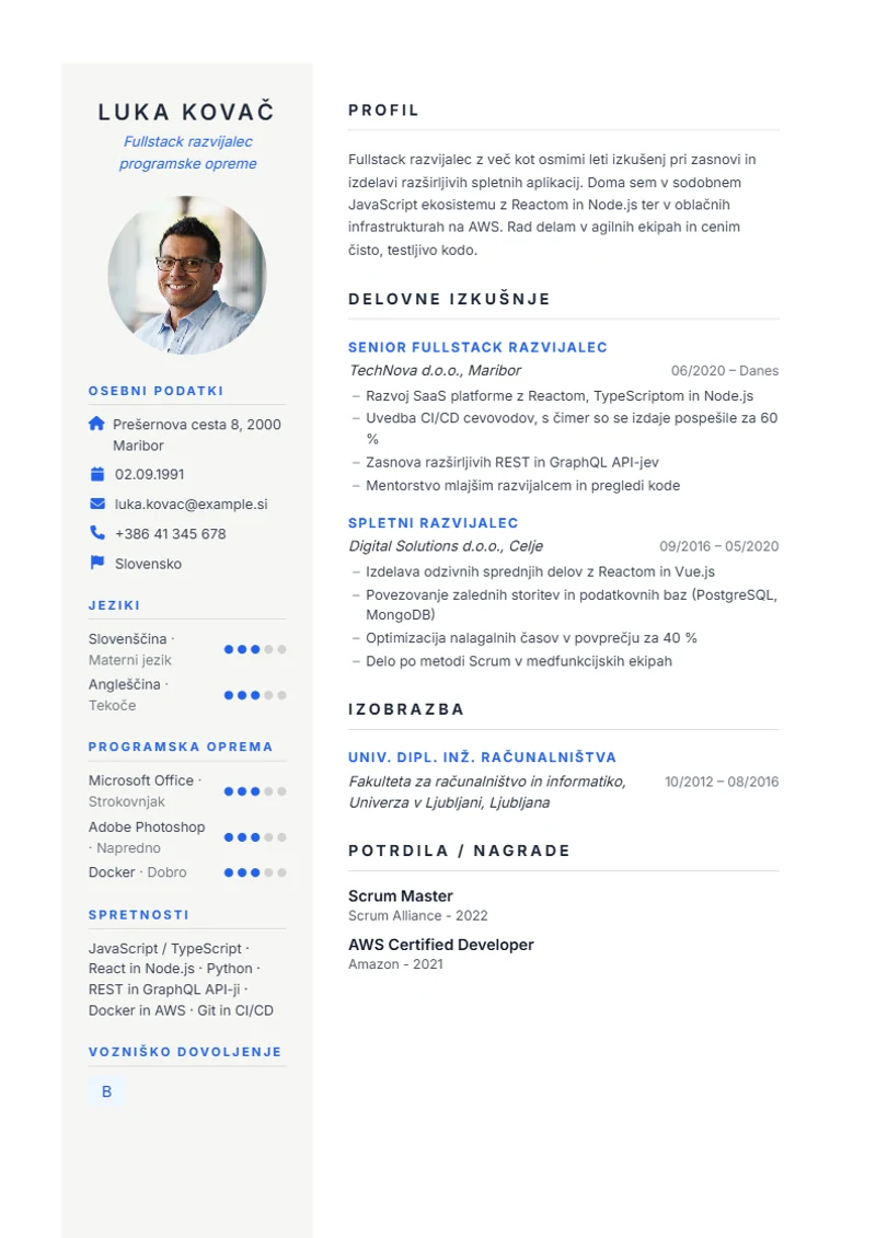 Predloga življenjepisa Prestige – vzorec