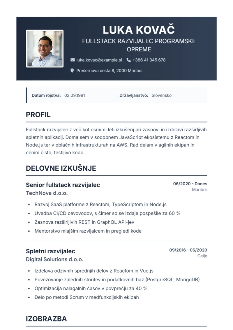 Predloga življenjepisa Profplus – vzorec