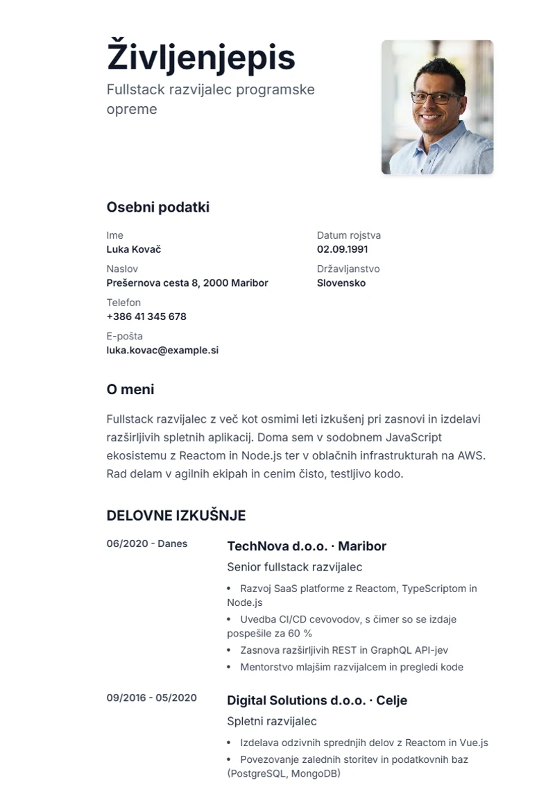 Predloga življenjepisa Sidebar – vzorec