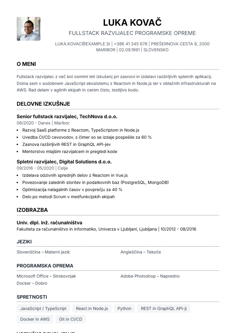 Predloga življenjepisa Simple – vzorec