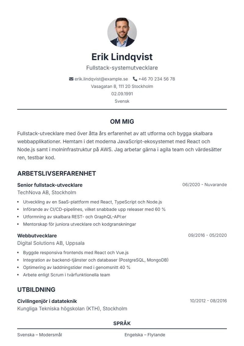 CV-mall Classic – exempel enligt DIN 5008