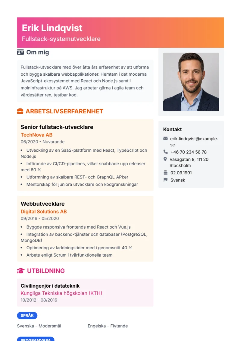 CV-mall Creative – exempel enligt DIN 5008