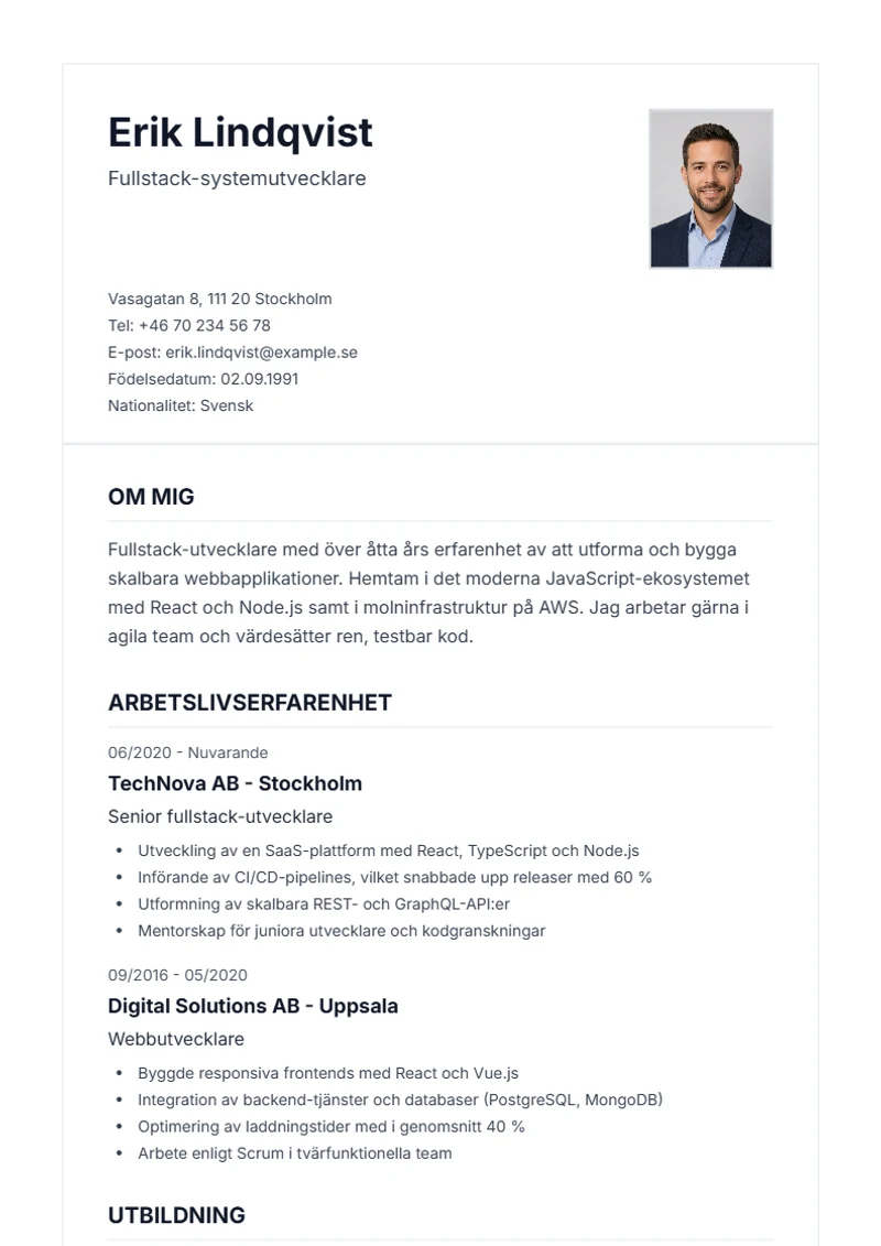 CV-mall Classic – exempel enligt DIN 5008