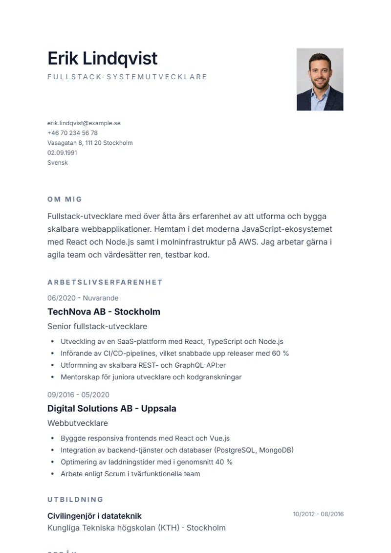 CV-mall Minimal – exempel enligt DIN 5008