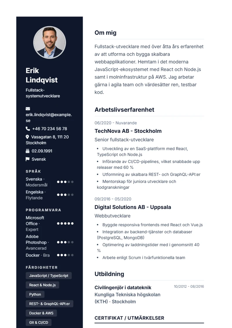 CV-mall Modern – exempel enligt DIN 5008