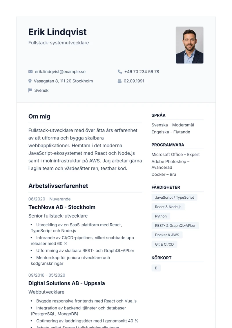 CV-mall Professional – exempel enligt DIN 5008
