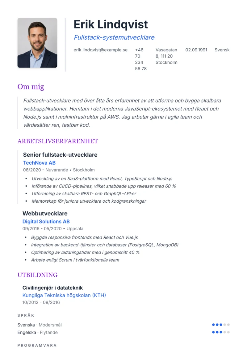 CV-mall Elegant – exempel enligt DIN 5008