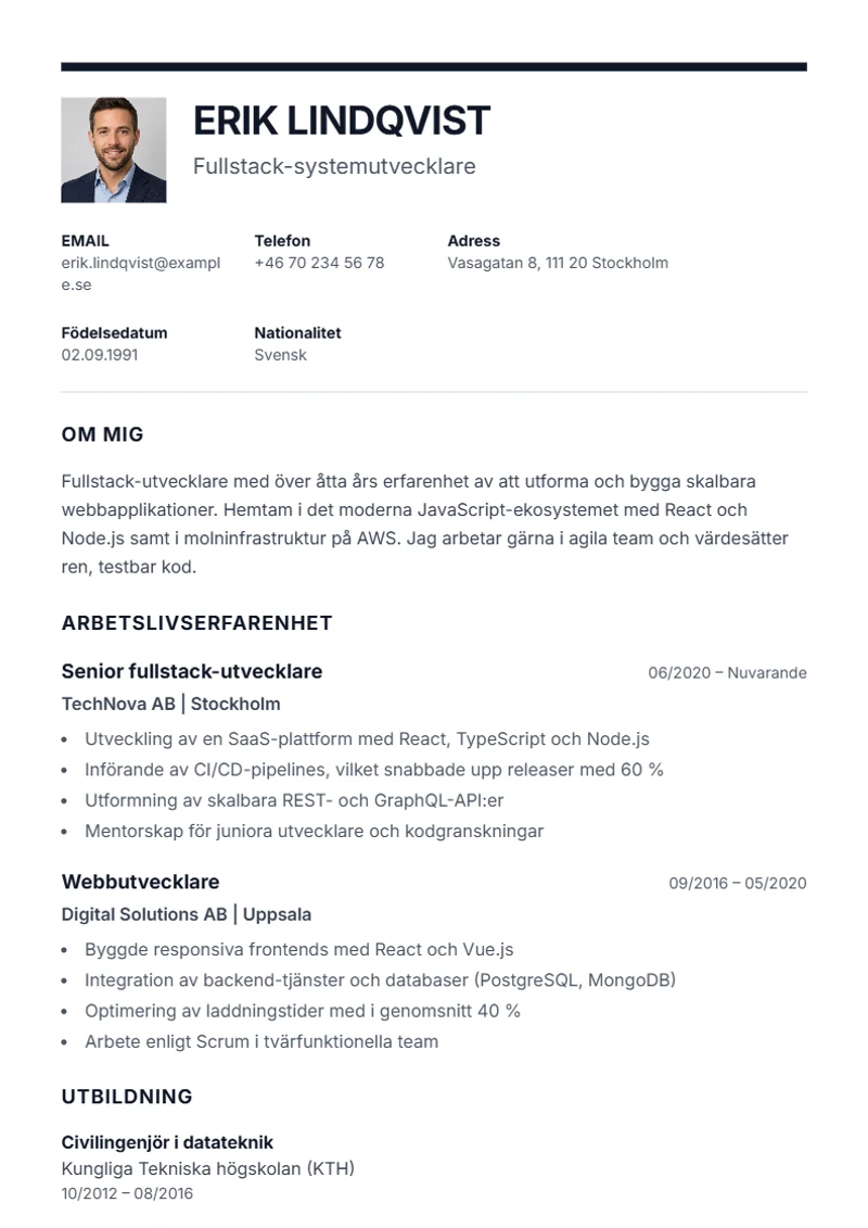 CV-mall Executive – exempel enligt DIN 5008