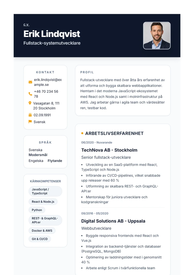 CV-mall Formal – exempel enligt DIN 5008
