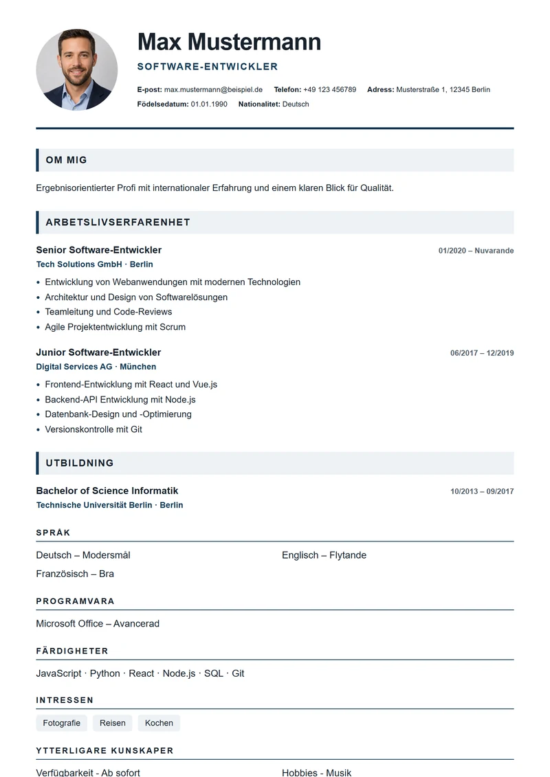 CV-mall London Professional – exempel enligt DIN 5008