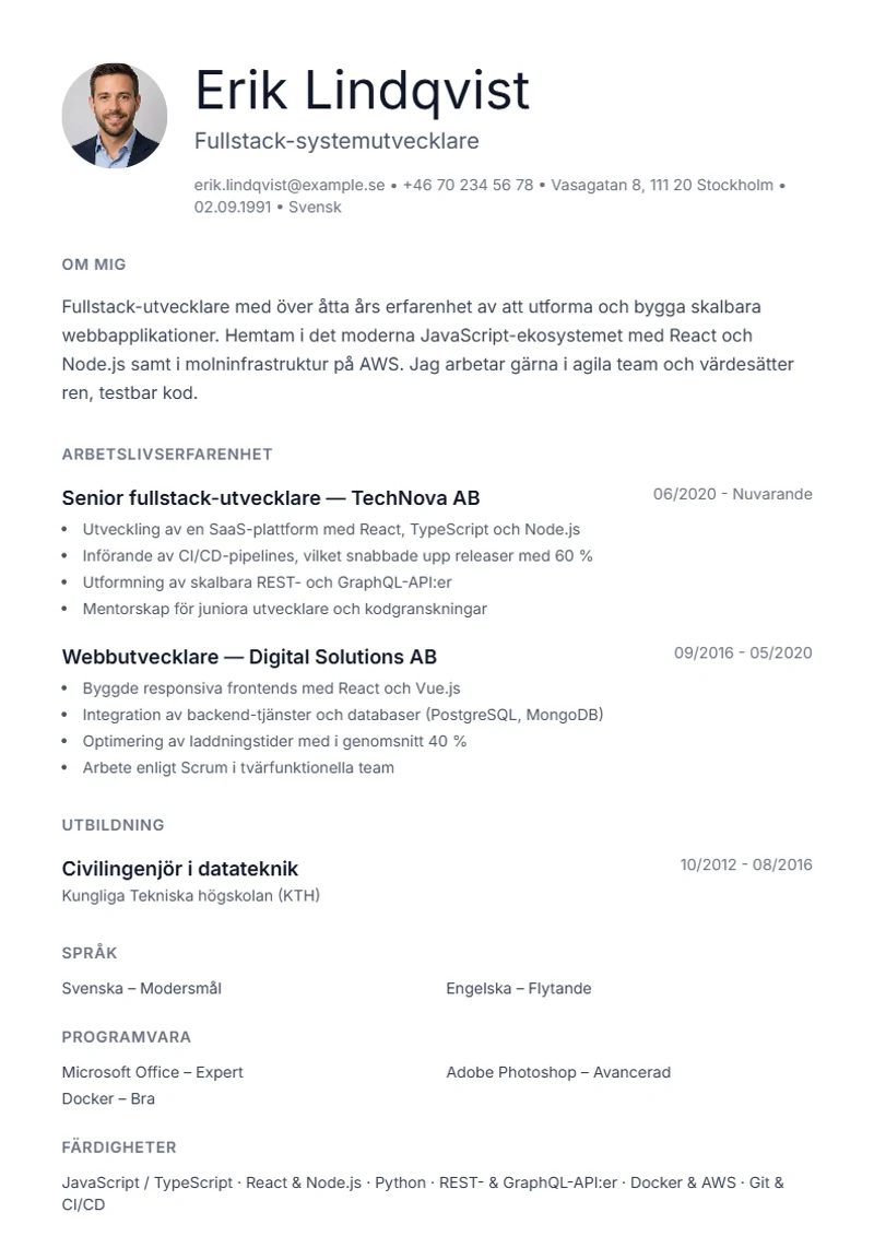 CV-mall Minimal – exempel enligt DIN 5008