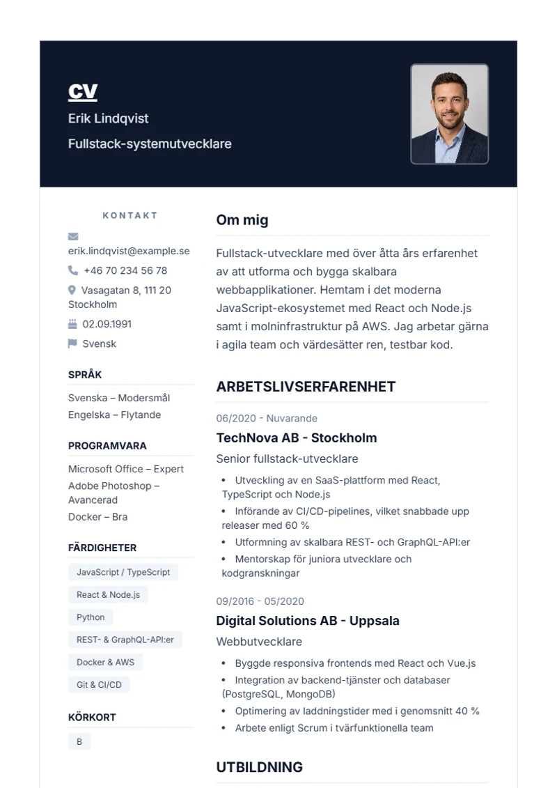 CV-mall Nova – exempel enligt DIN 5008