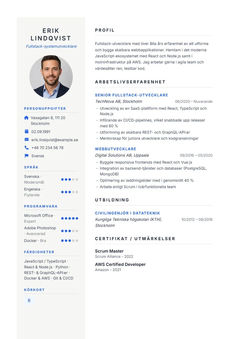 CV-mall Prestige – exempel enligt DIN 5008