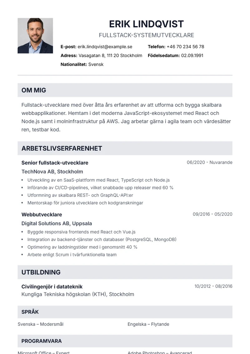 CV-mall Professional – exempel enligt DIN 5008