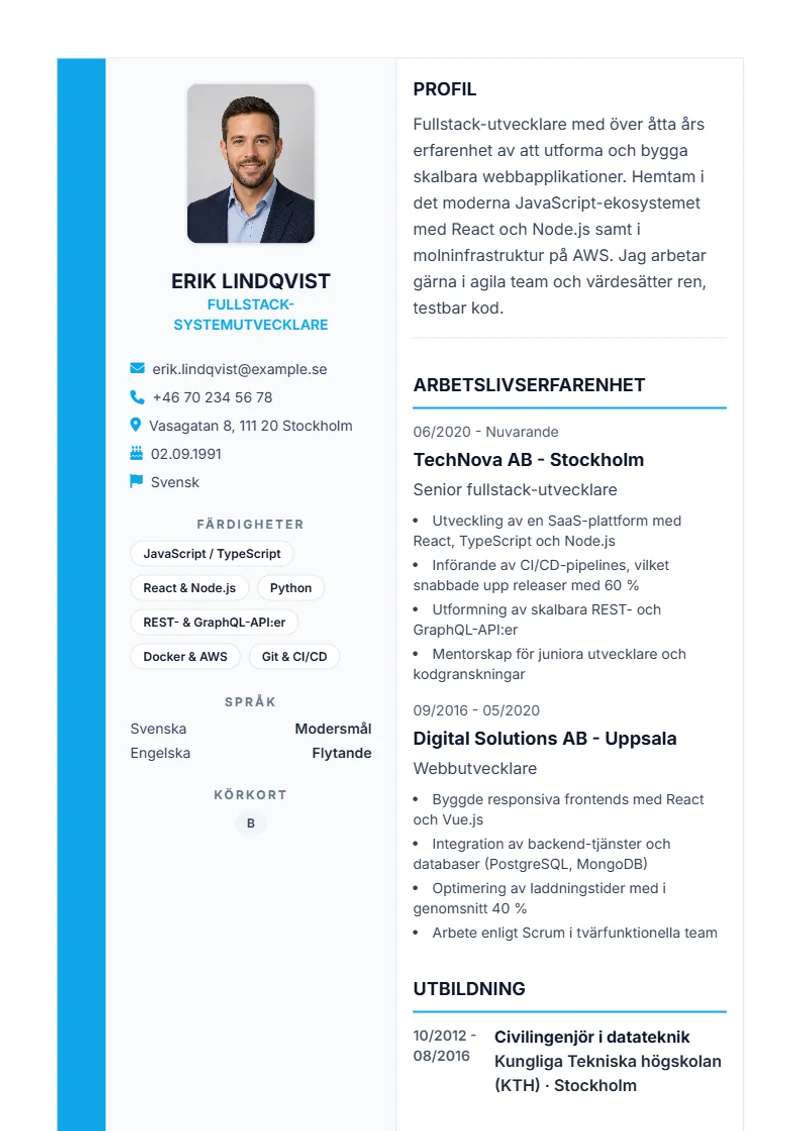 CV-mall Sidebar Pro – exempel enligt DIN 5008
