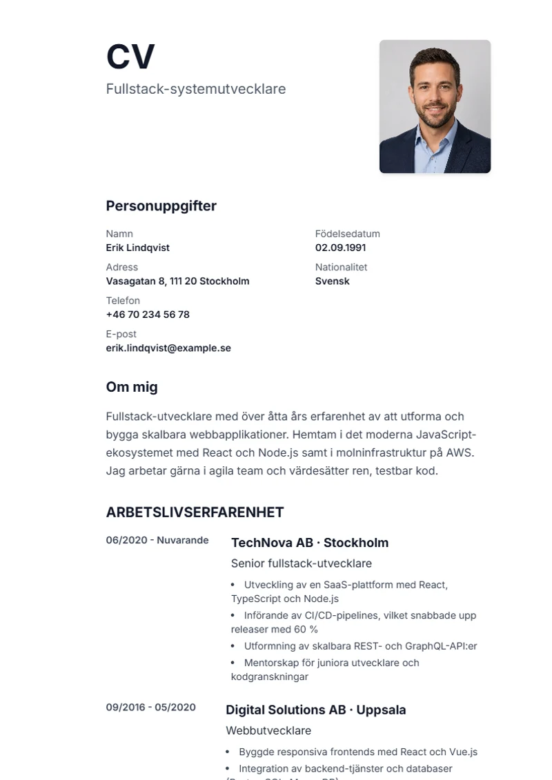 CV-mall Sidebar – exempel enligt DIN 5008