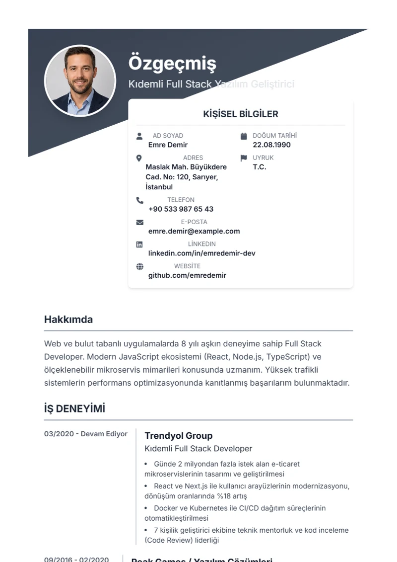 Özgeçmiş şablonu Diagonal, DIN 5008 standartlarında örnek
