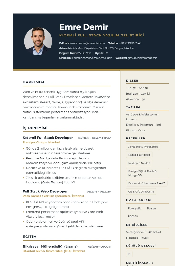 Özgeçmiş şablonu Executive Dark, DIN 5008 standartlarında örnek
