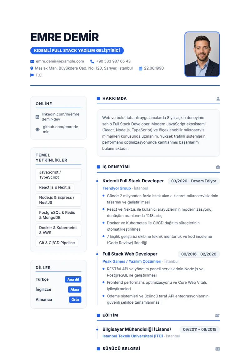 Özgeçmiş şablonu Nova, DIN 5008 standartlarında örnek