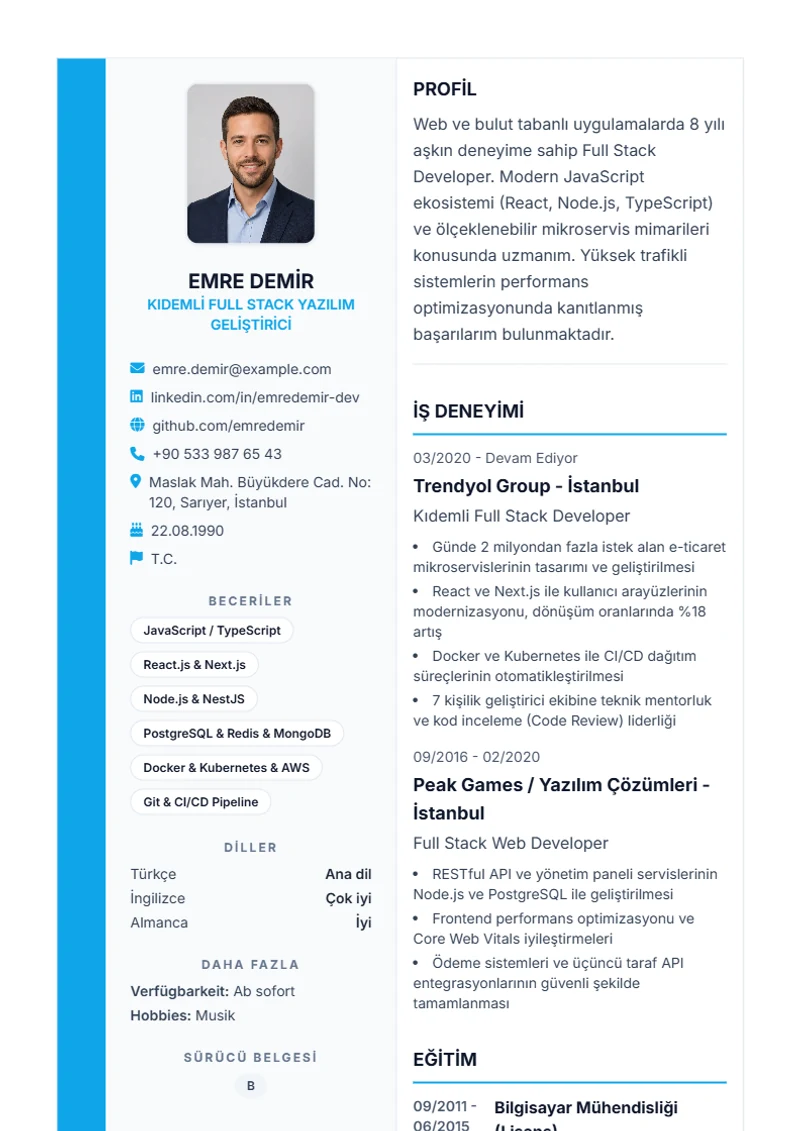 Özgeçmiş şablonu Sidebar Pro, DIN 5008 standartlarında örnek