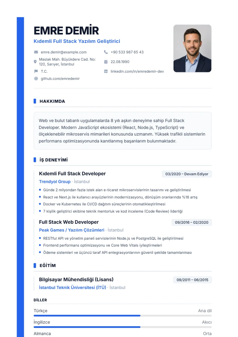 Özgeçmiş şablonu Sidebar, DIN 5008 standartlarında örnek