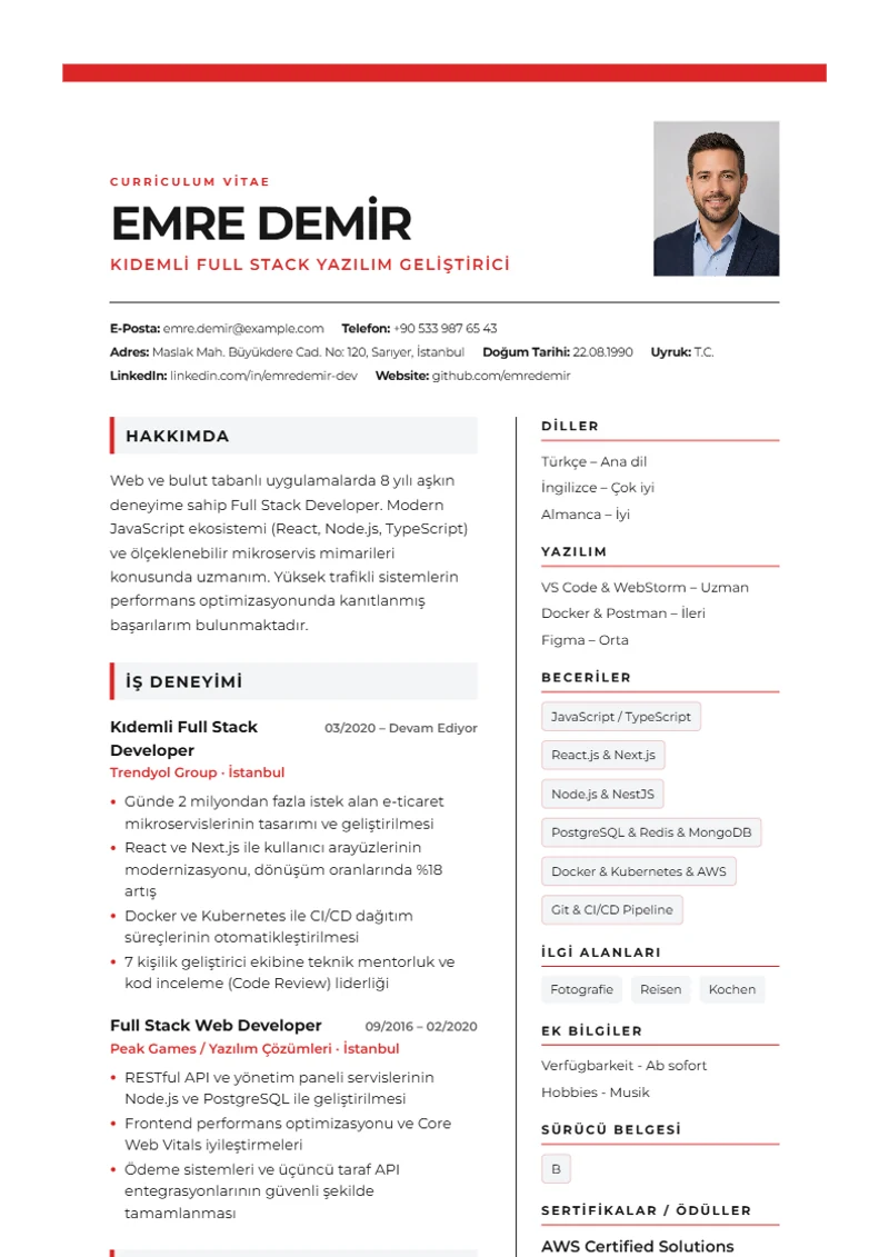 Özgeçmiş şablonu Swiss Grid, DIN 5008 standartlarında örnek