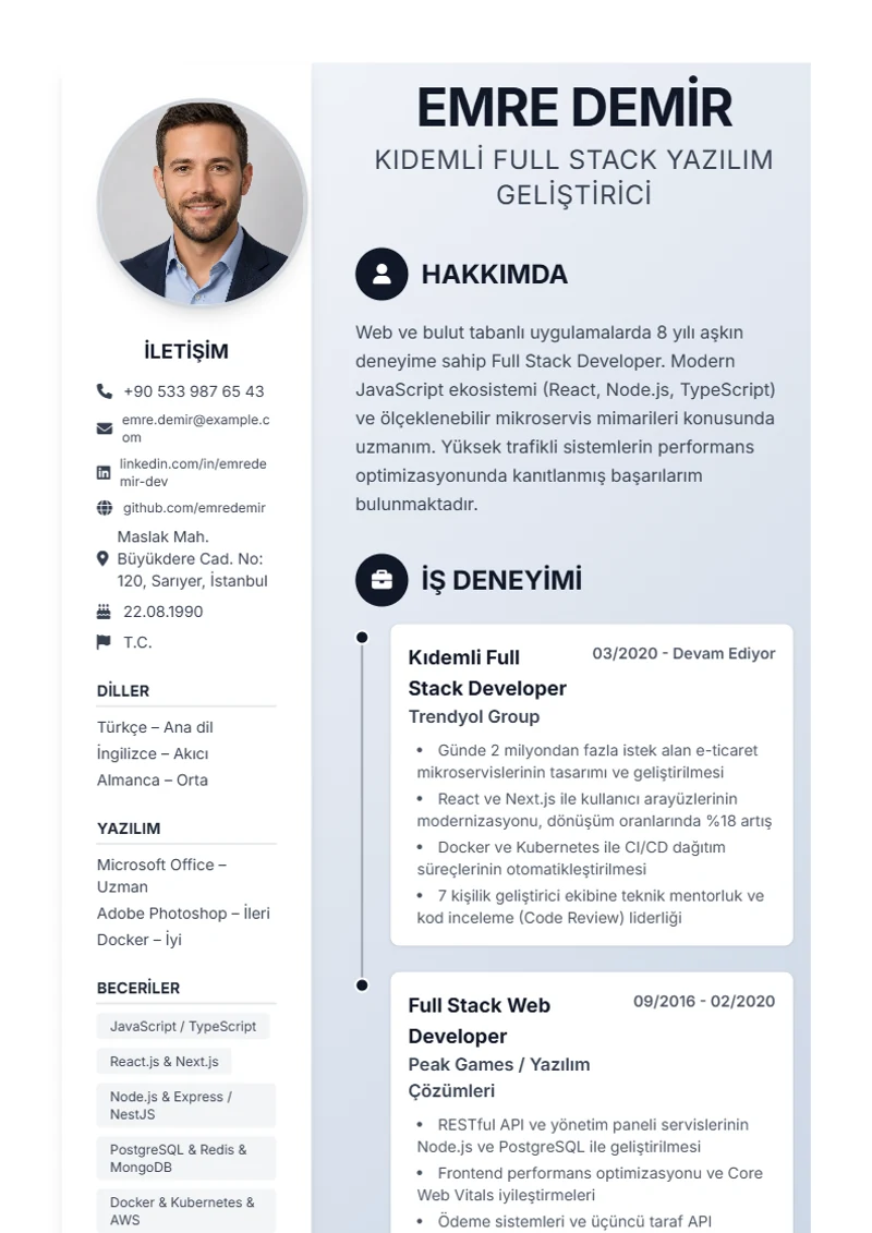 Özgeçmiş şablonu Timeline, DIN 5008 standartlarında örnek