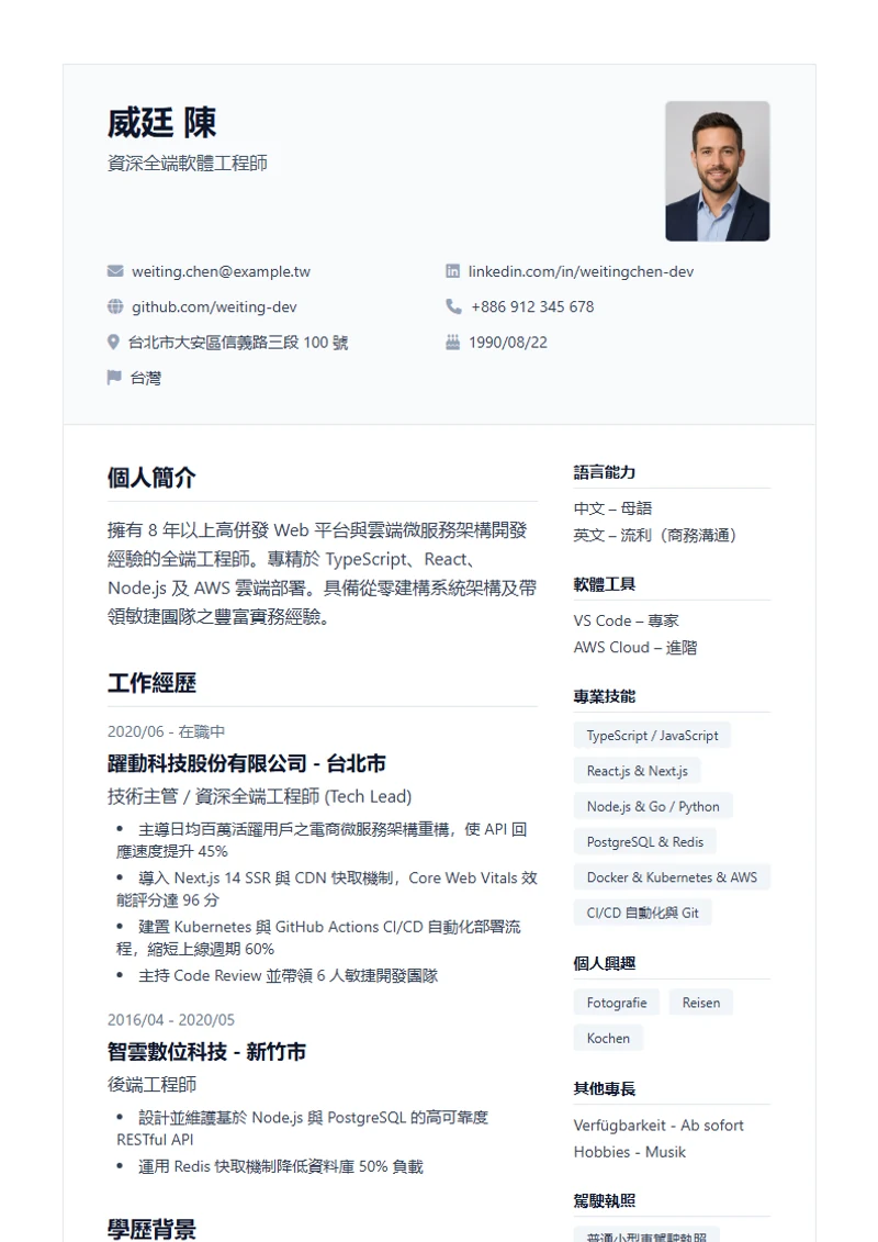 Professional 履歷模板，符合國際標準範本
