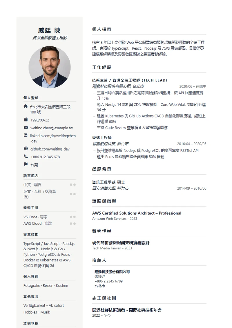 Prestige 履歷模板，符合國際標準範本